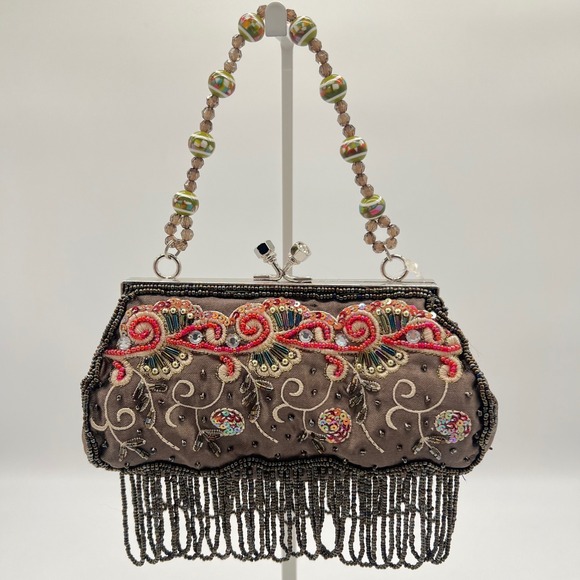 Vintage Beaded Evening Purse Embroidered Beads Fringe Handle Cocktail Party NWT - Picture 1 of 10